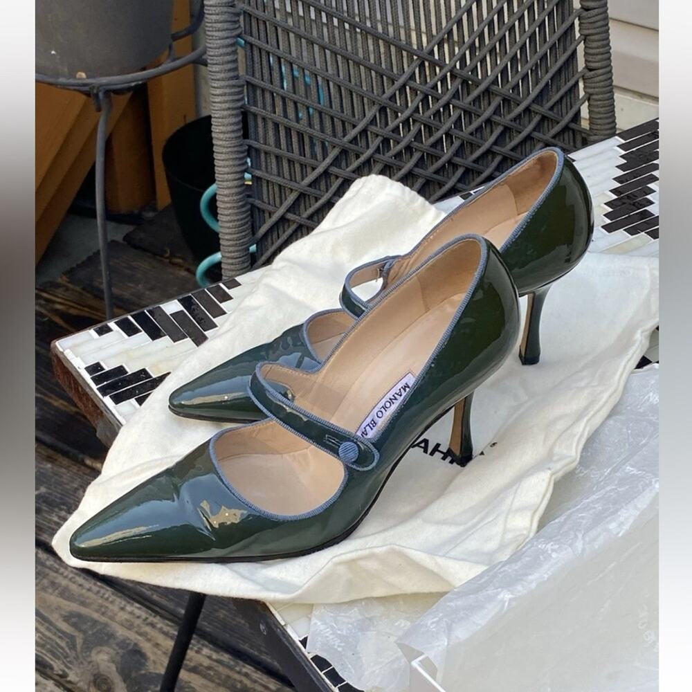 MANOLO BLAHNIK green patent Campari Mary Janes Pumps Heels Shoes Size 36.5 - Picture 2 of 8